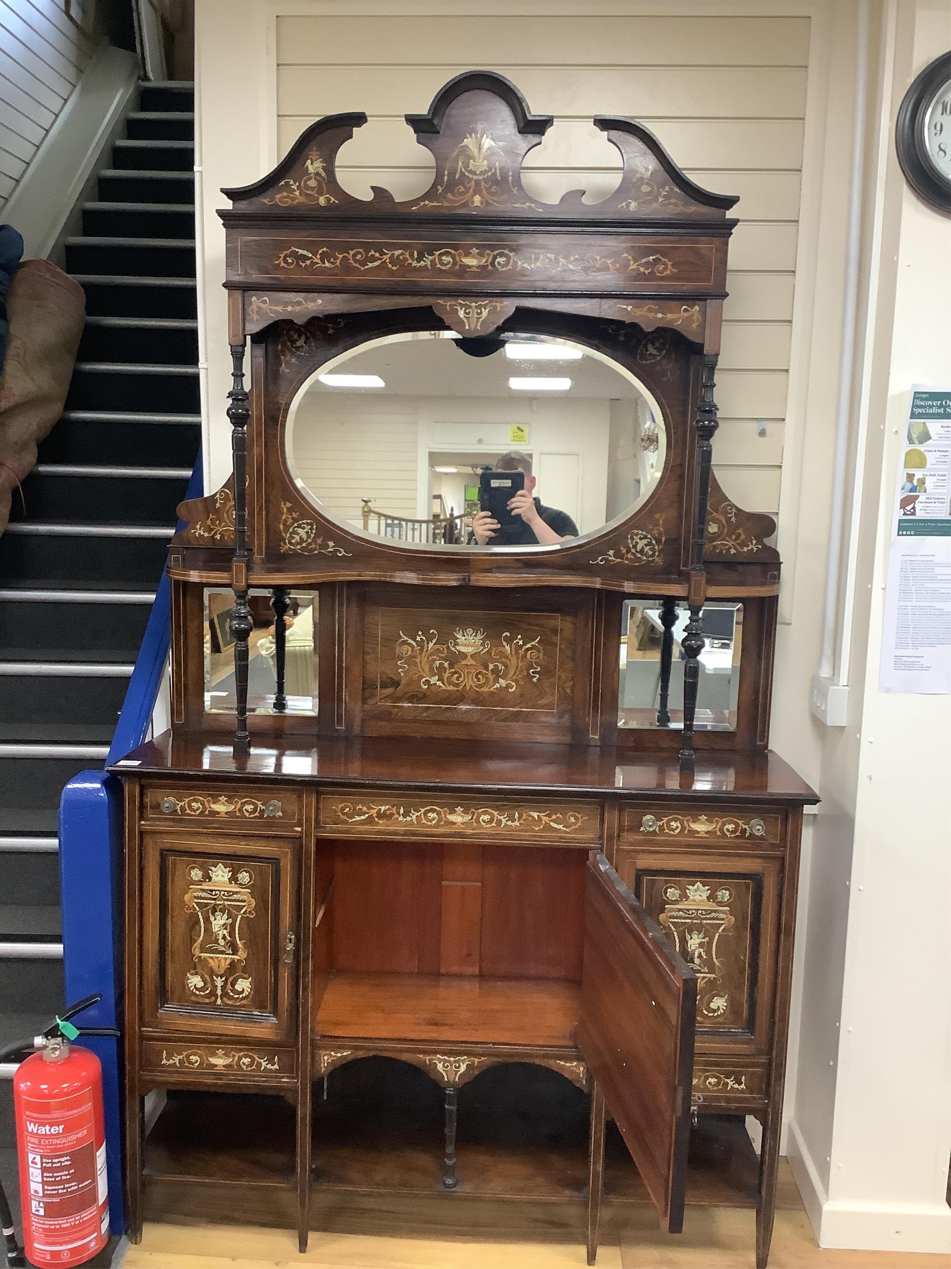 A Victorian marquetry and inlaid rosewood side cabinet, width 137cm, depth 37cm, height 232cm. Condition - good